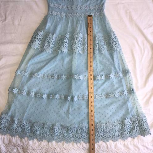 Just Me  Womes Size S Dress Midi Lace Short Sleeves Blue Cottage Modest Party