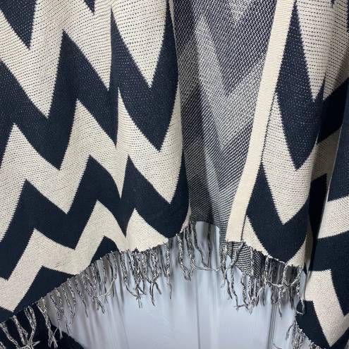 FATE. Chevron Striped Open Front Knit Cardigan Sweater Tassels Cream Black Small