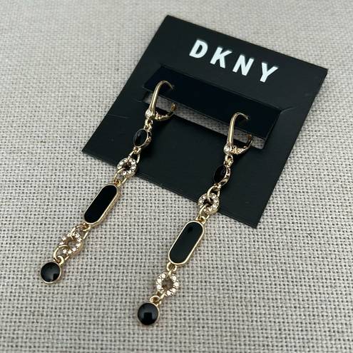 DKNY  Gold-Tone Pave Circle & Jet Resin Linear Drop Earrings Black/Gold New w/Tag