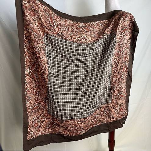 Oscar de la Renta Vintage  Signed Large Square Scarf Brown Floral Houndstooth