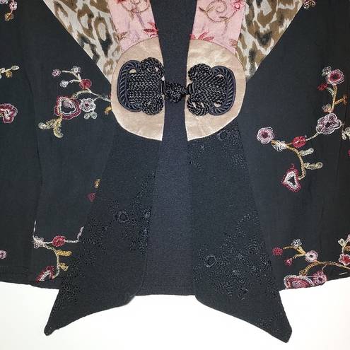 Alexis VINTAGE! SPENCER  PETITE FLORAL CHEETAH OPEN FRONT SILK SHIRT BLOUSE TOP