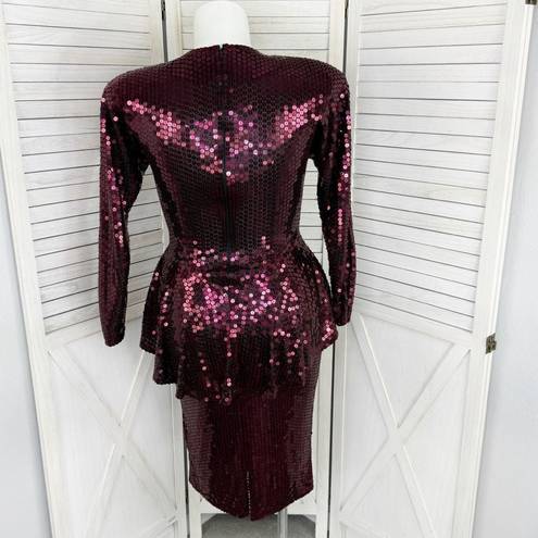 Oleg Cassini Vintage  Sequin Peplum Sheath Party Dress Maroon Red 10 Long Sleeve