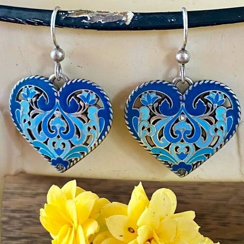 Brighton  Volare French Wire Heart Earrings Silver-Blue w/Swarovski Crystals EUC!