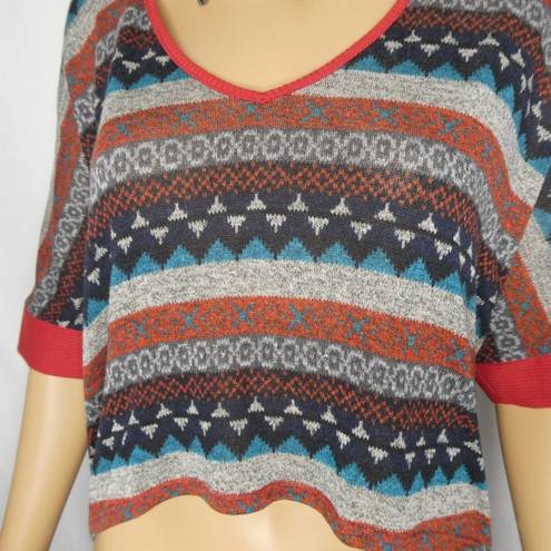 Toska  Boho Hooded Crop Sweater Top 1/2 Sleeve Hood Hoodie Ties Striped Large