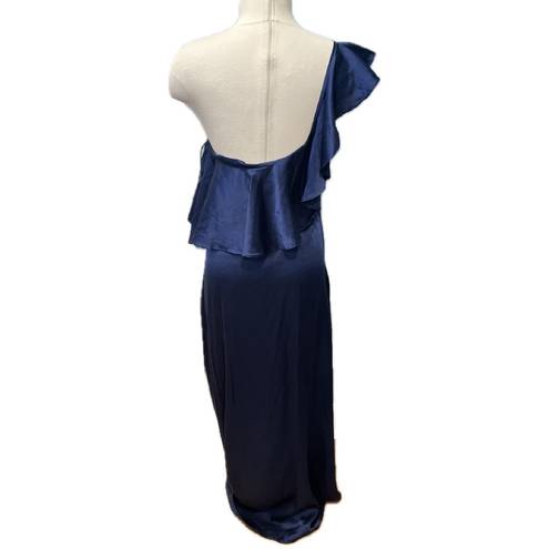 Alexis  Austyn 100% Silk Navy One Shoulder Ruffle Asymmetrical Maxi Gown Dress L