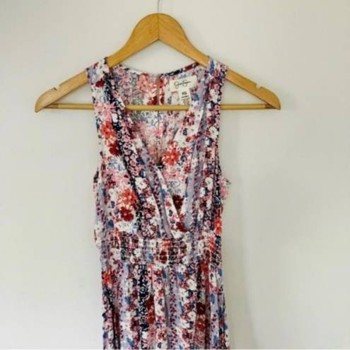 Jessica Simpson Floral Blue Pink Maxi Dress Asymmetric Hem Ruched Waist Sleeveless