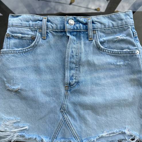 AGOLDE Distressed Denim Quinn High Rise Jean Mini Skirt in Vega Blue - Size 25