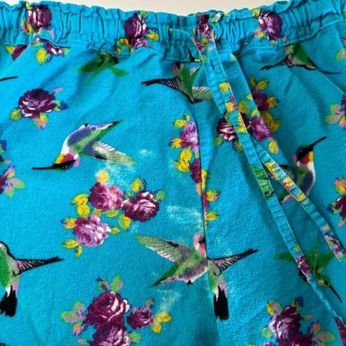 Hummingbird LA CERA  Flannel Cotton Pajamas Womens L Blue Buttons PJ Set Floral