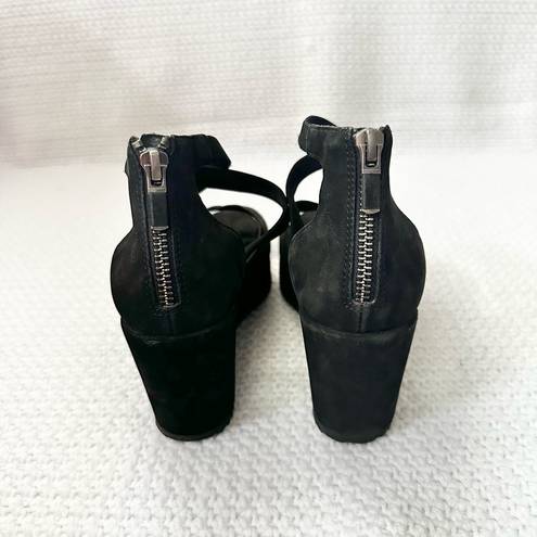 Eileen Fisher  Wylee Black Suede Peep Toe Platform Wedge Heel Sandals 7