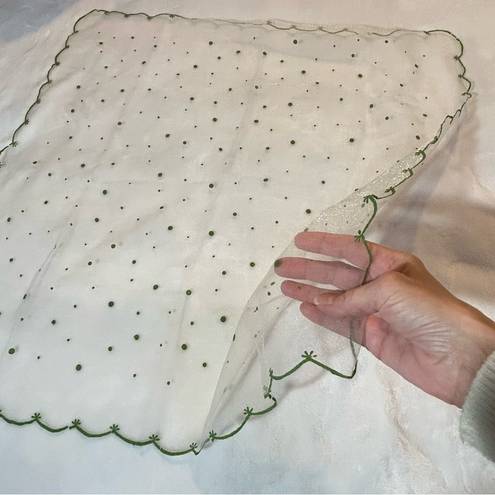 Vintage Chiffon Green Polka Dot Scalloped Sheer Scarf