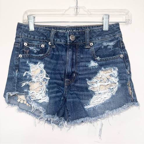 American Eagle Dark Wash High Rise Festival Distressed Jean Shorts!