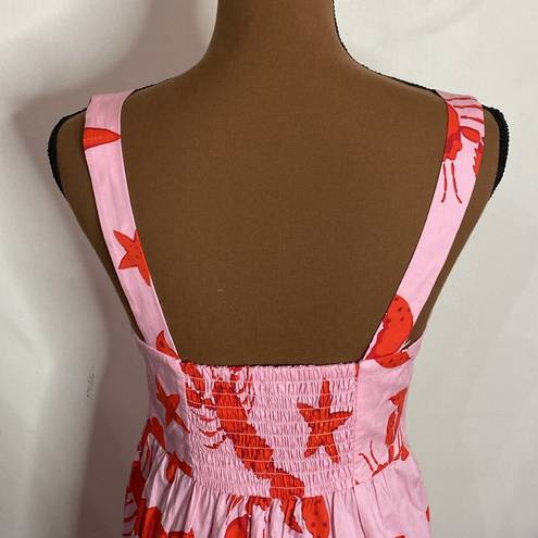 J.Crew  factory Squareneck tiered starfish and lobster print midi dress pink sz 4