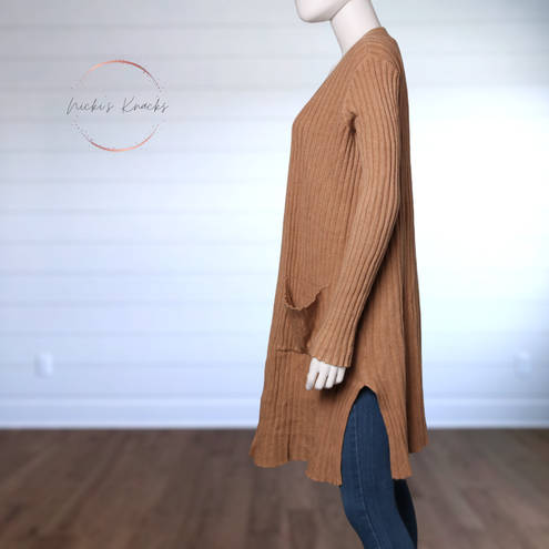Cyrus  Ribbed Knit Open Front Cardigan Duster Side Split Camel Tan Size XS