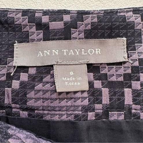 Ann Taylor  Skirt Purple Black Geo Print Silk Cotton Pleated Knee Length Size 8