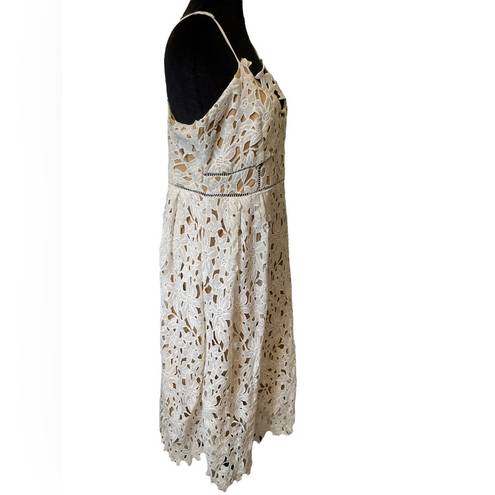 Sans Souci  White Tan Boho Romantic Cottagecore Floral Lace Formal Midi Dress