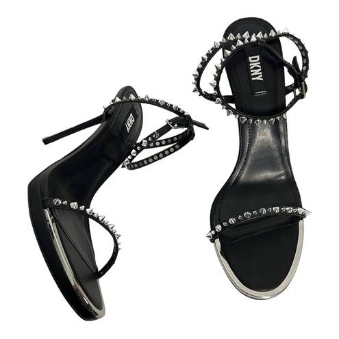 DKNY Black Leather Studded Stiletto Heel Minimalist Ankle Strap Sandal  Dacia