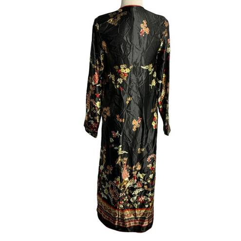 Honey Punch  Asian Print Robe Duster S Black Floral Long Sleeves Belt Loops