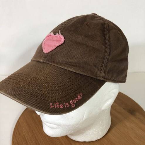 Life is Good  Women’s Pink Heart Appliqué Brown Cotton Baseball Cap One Size