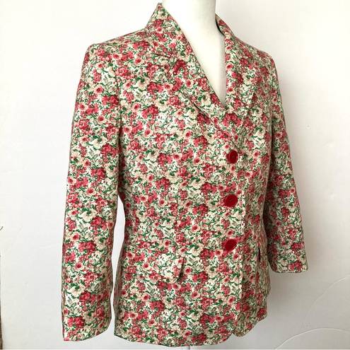 Talbots  Floral Pink Green Jacket Blazer Watercolor Rose 3/4 Sleeves Size 10