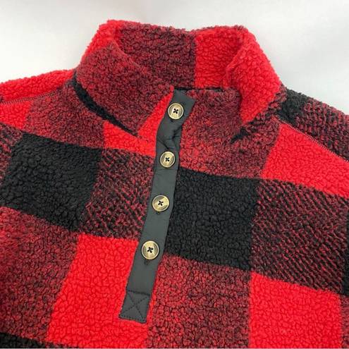 American Eagle  Oversized Sherpa Fleece Snap Pullover Jacket Buffalo Plaid Red