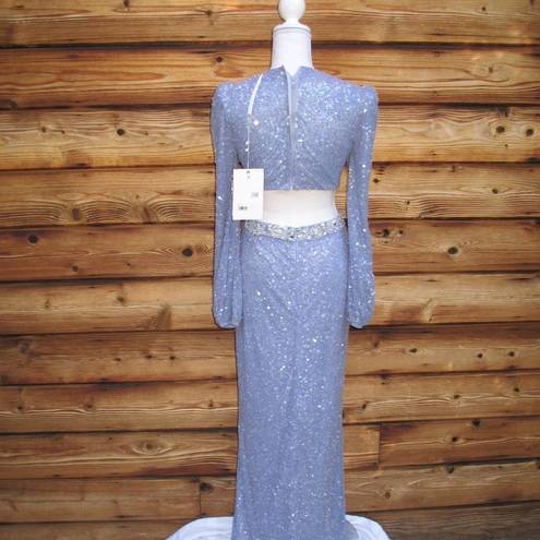 Mac Duggal NWT  Gorgeous Sequined Faux Wrap Cut Out Puff Sleeve Gown Dress