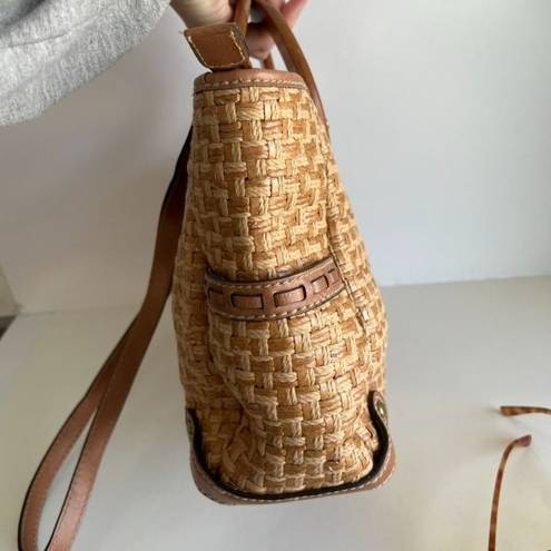 Fossil  Tan Woven Leather Wooden Top Handle Crossbody Medium Tote Bag