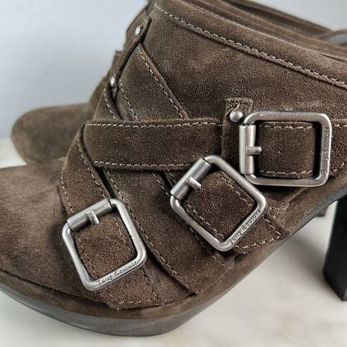 Juicy Couture  Y2K Taupe Suede Leather Heeled Mule Bootie Chunky Buckles Size 8.5