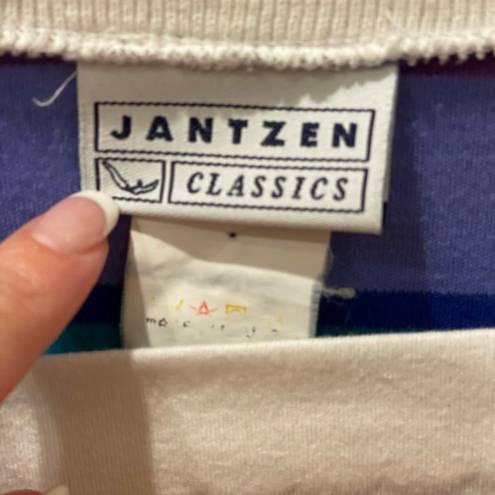 Jantzen Retro 80s Varsity Striped Top Vneck Blue Green White S Relax Fit