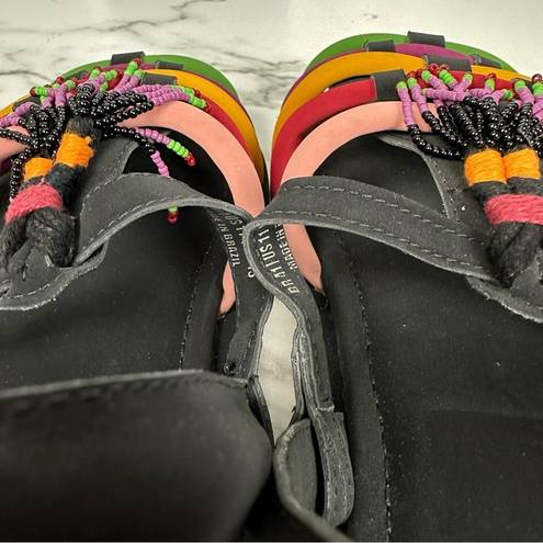 Farm Rio NEW  Black Beaded Rainbow Tube Strap Boho Beaded Tassel Sandals Size 11