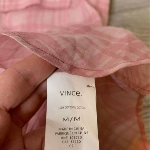 Vince  Peony Pink Plaid Half Placket Cotton Shirt sz M