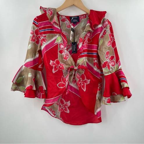 Tommy Hilfiger TOMMY BY  Blouse Size Small Silk NWT Ruffle Tropical Floral Tie