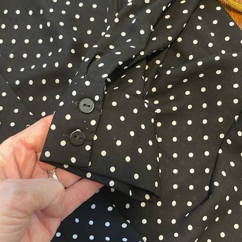 Who What Wear  Black White Polkadot Long Sleeve Top neck tie Bow Medium Button Up