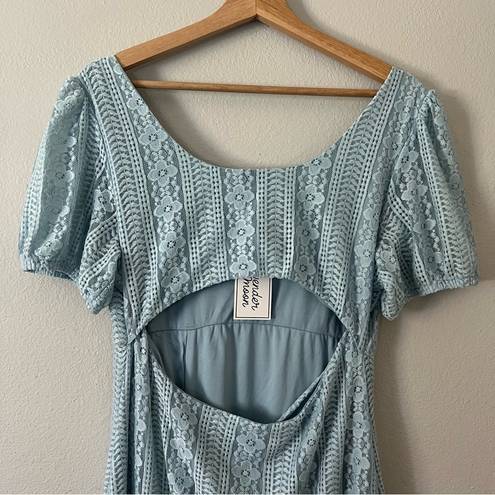 Lavender Moon Floral Lace overlay open back puff sleeve dress size xl baby blue