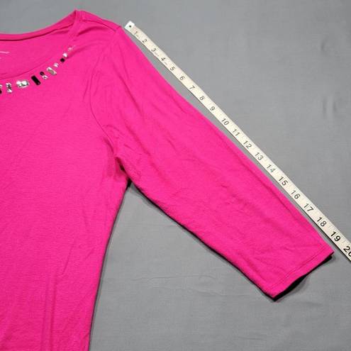 Lane Bryant  Women Shirt Size 14 Pink Stretch Preppy Beaded Scoop Chic 3/4 Sleeve