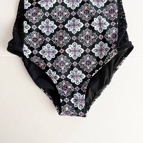 Hula Honey [] Black Gypsy Deco Lace Geometric Print One Piece Swimsuit Sz Small S