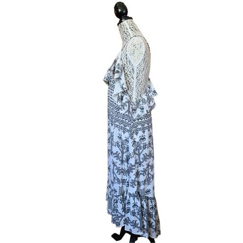 Rococo  Sand Rare Silk Pixels Grecian Print Ruffle Midi Dress White Size XS