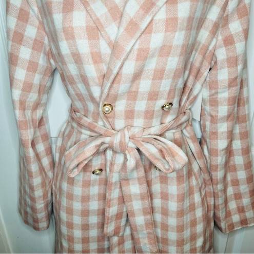 Aura  It's A Look Light Pink Plaid Coat Tie Double Breast Pearl Button M J NWT