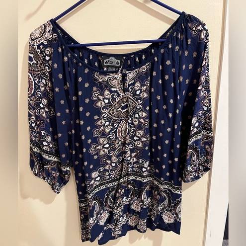 Angie  Size Large Navy Blue 3/4 sleeve Paisley 100% Rayon Blouse