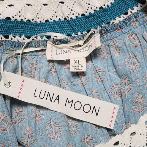 Luna  Moon Crochet Boho Peasant Printed Long Sleeve Blouse Teal Blue Size XL