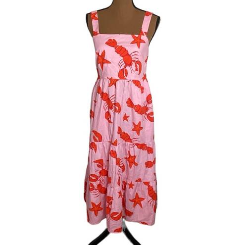 J.Crew  factory Squareneck tiered starfish and lobster print midi dress pink sz 4