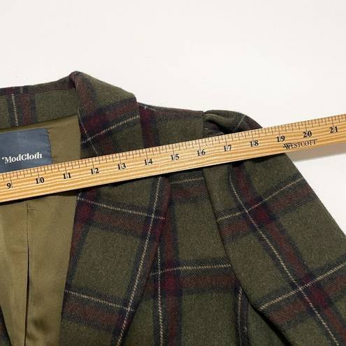 Modcloth  Wool Blend Plaid Cropped Blazer Jacket Sz M Puff Sleeves Army Green