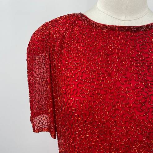 Oleg Cassini Vintage  Beaded Silk Mini Dress Short Sleeves Cocktail Red Womens 6