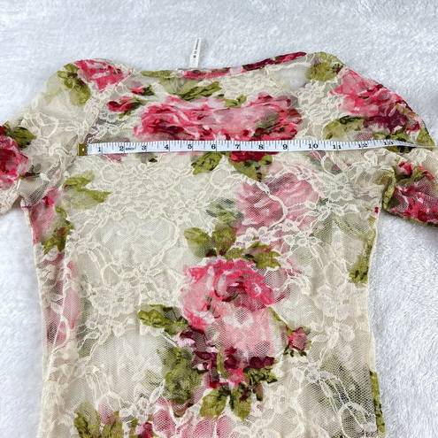 Kirra  Floral Mesh Lace Long Sleeve Top Womens Size S Cream Sheer Fitted Stretch