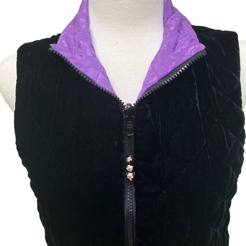 Coldwater Creek  Vest Small Quilted Velvet Silk Reversible Zip up Black Purple