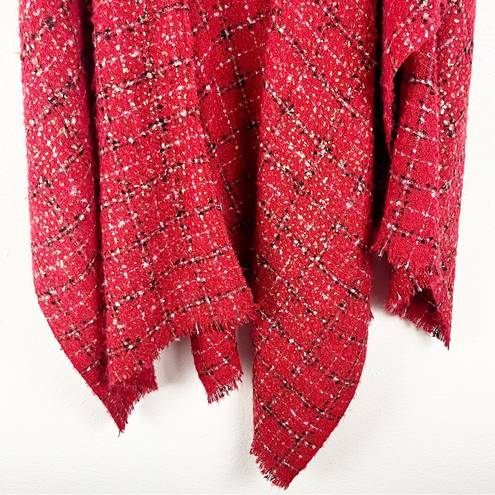 Chico's CHICO’S Red Checkered Plaid Metallic Tweed Fringe Trim Poncho Shawl, One Size