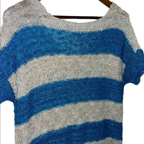 BKE  blue and tan striped sequin shirt sleeve knit sweater size M