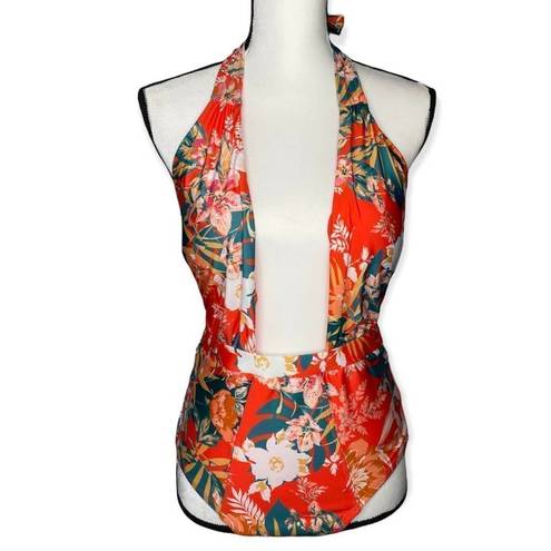 Modcloth  The Bethany One-Piece Floral Halter High Waisted Swimsuit Medium Orange