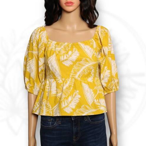 Sim & Sam  Puff Sleeve Leaf Print Square Neck Top Blouse Yellow & White Sz XL