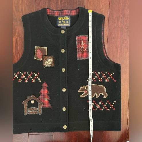 Woolrich Women’s 100% Wool Vest Black Fall Leaves Bear Rustic Country Size M