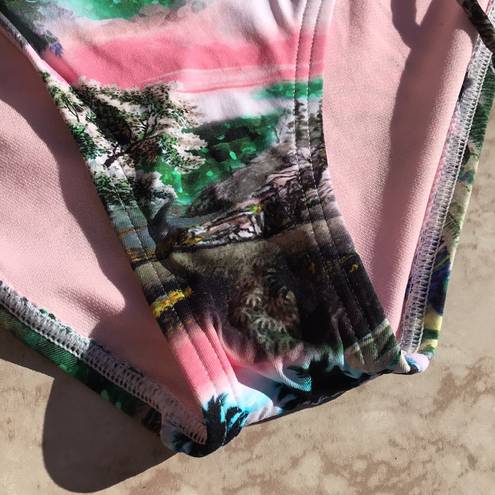 The Bikini Lab Pink and Green Tropical Print  Strappy Swim Bottoms